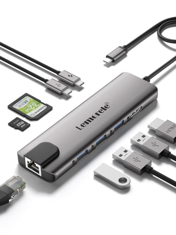 Docking Station USB C, Lemorele USB C Hub 9 in 1 Aluminiumgehäuse mit 1 Gbps Ethernet, 4K HDMI, 100W