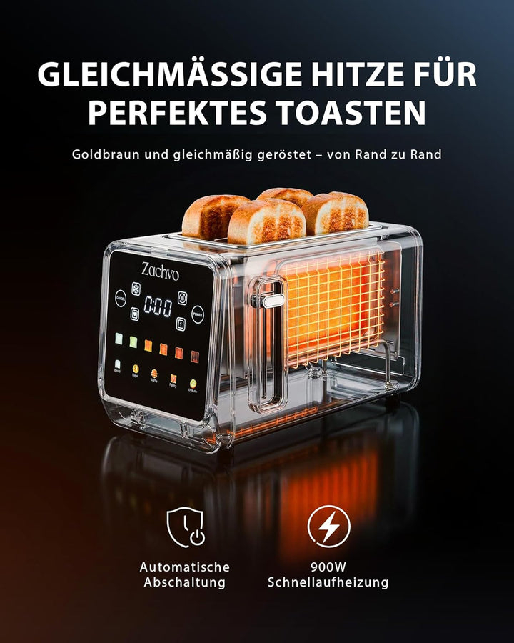 4 Scheiben Langschlitz Toaster Edelstahl, Smart Touchscreen mit LED-Countdown, Memory-Funktion, 6 Br