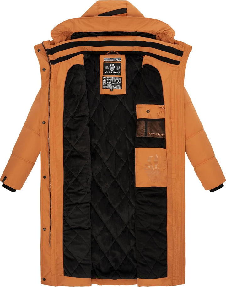Navahoo Damen Wintermantel Warmer Steppmantel lang mit Kapuze Kuschelmausi S-XXL S Rusty Cinnamon, S