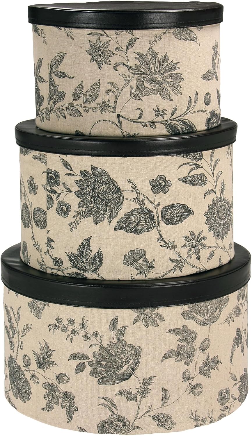 Household Essentials 3-Piece Hat Box Set with Faux Leather Lids, Floral Pattern Blumenmuster, Blumen