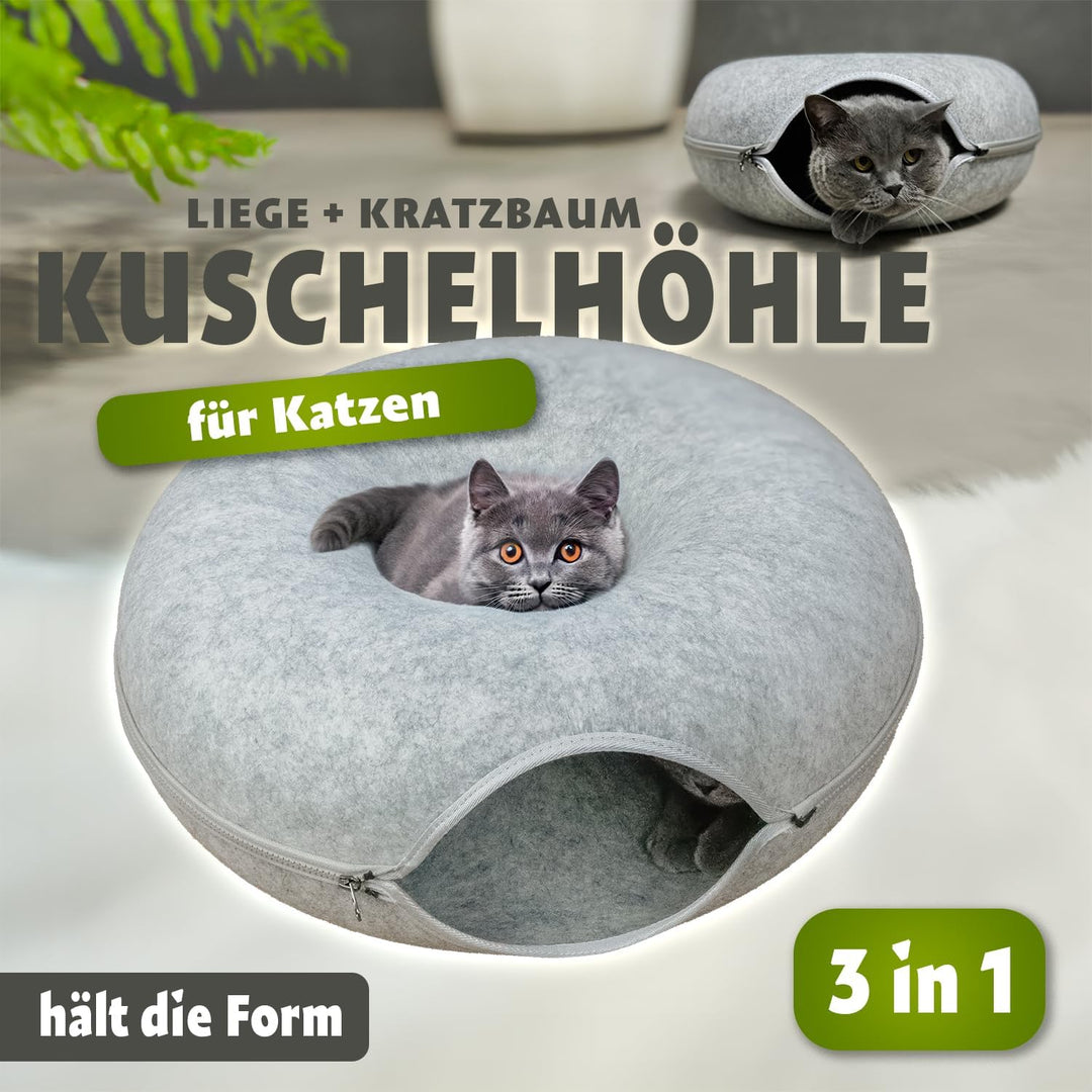 Katzentunnel Katzenhöhle Katzen Donut, Masse 50x50x20cm, Farbe: Grau,aus Filz gefertigt, runde Form,