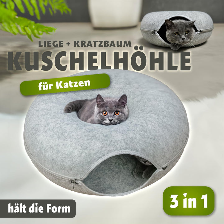 Katzentunnel Katzenhöhle Katzen Donut, Masse 50x50x20cm, Farbe: Grau,aus Filz gefertigt, runde Form,