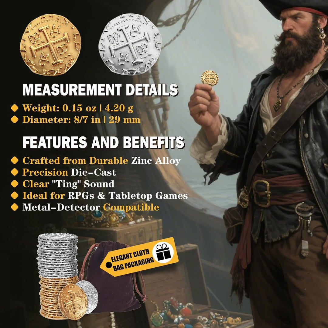 Piraten Münzen Zubehör,Goldmünzen-Set, Metall Goldtaler Deko Dublonen für DND Brettspiele, Cosplay,