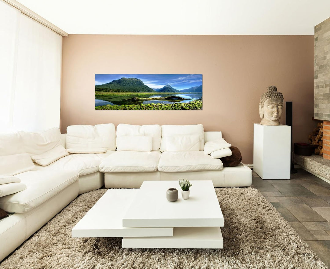 Paul Sinus Art Panoramabild auf Leinwand und Keilrahmen 120x40cm Neuseeland Berge Wasser Landschaft