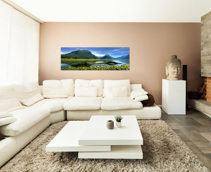 Paul Sinus Art Panoramabild auf Leinwand und Keilrahmen 120x40cm Neuseeland Berge Wasser Landschaft