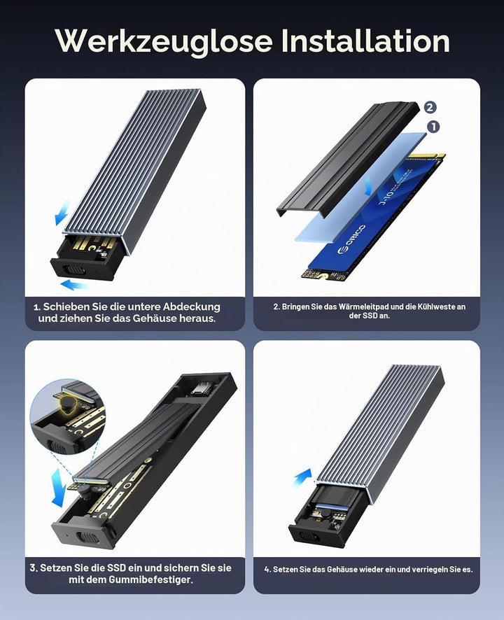 ORICO M.2 SSD Gehäuse [Werkzeuglos], NVMe Gehäuse USB 3.2 Gen2 10Gbps, M.2 SSD Gehäuse mit 2-in-1 Ka