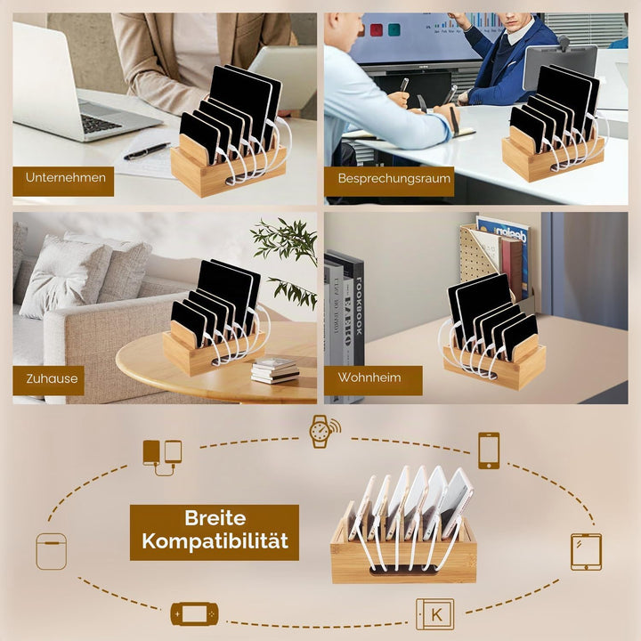 Holz Ladestation für Mehrere Geräte, 6 Fächer Desktop Handy Docking Holder USB Multi Charger Organiz