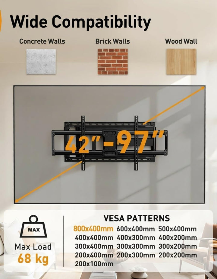 Perlegear TV Wandhalterung für 42-90 Zoll TV bis zu 68 kg Langarmige Voll-bewegliche, 1018 mm Lange