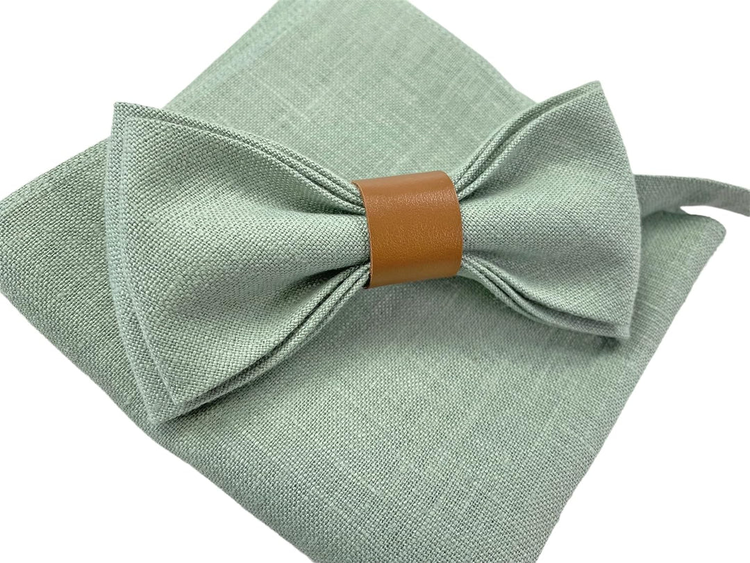 LINILI Leinen Accessoires SET: Fliege und Einstecktuch für Herren- Fliege mit Leder, bereits gebunde