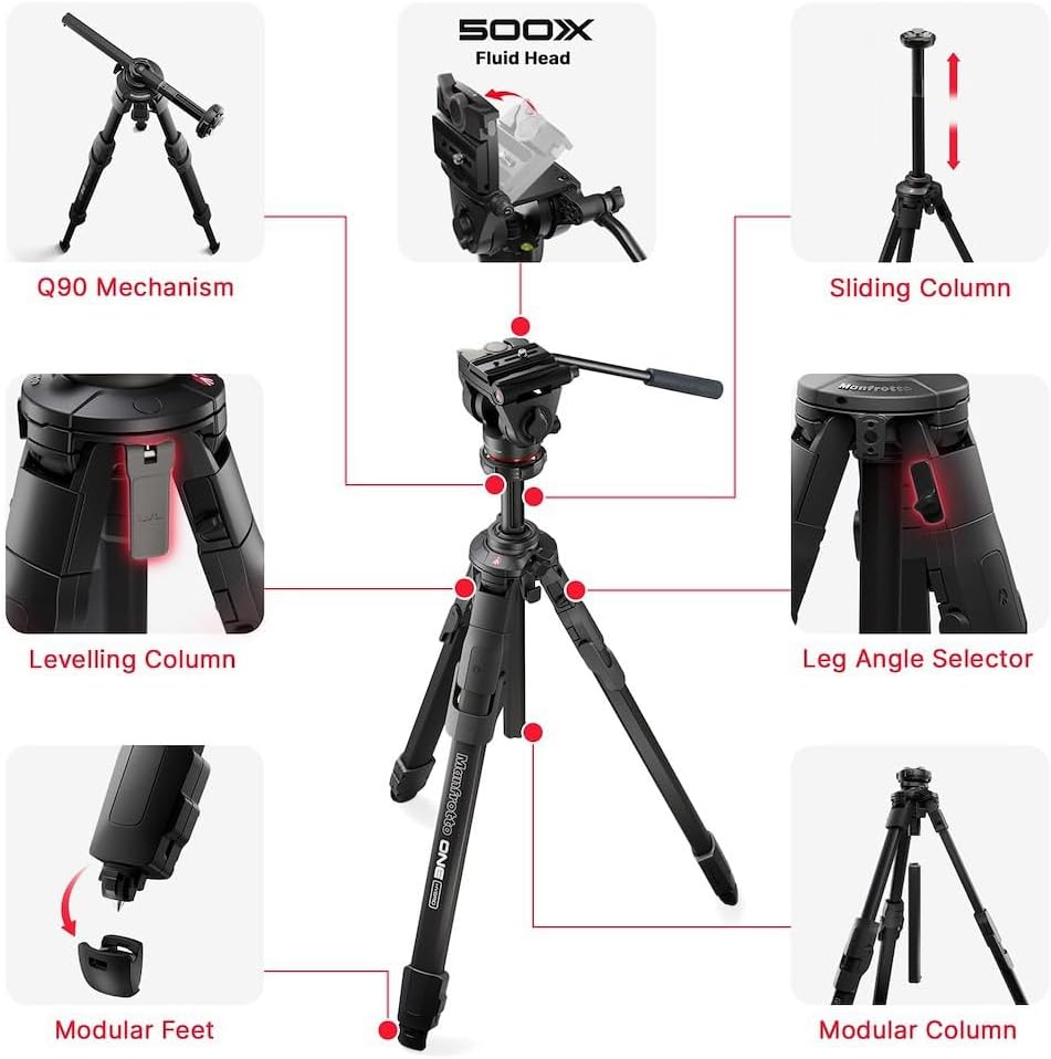 Manfrotto 500X Fluid Videokopf mit ONE Hybrid Aluminium Stativ – Foto & Video Stativ Kit, 5kg Tragla