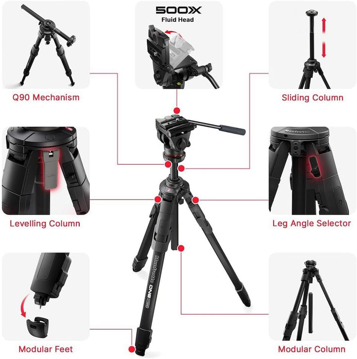 Manfrotto 500X Fluid Videokopf mit ONE Hybrid Aluminium Stativ – Foto & Video Stativ Kit, 5kg Tragla