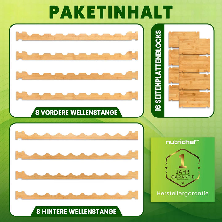 NutriChef Regal Schmal Weinregal aus Bambus Holz – 36 Flaschen, 4 Etagen – Stapelbares Flaschenregal