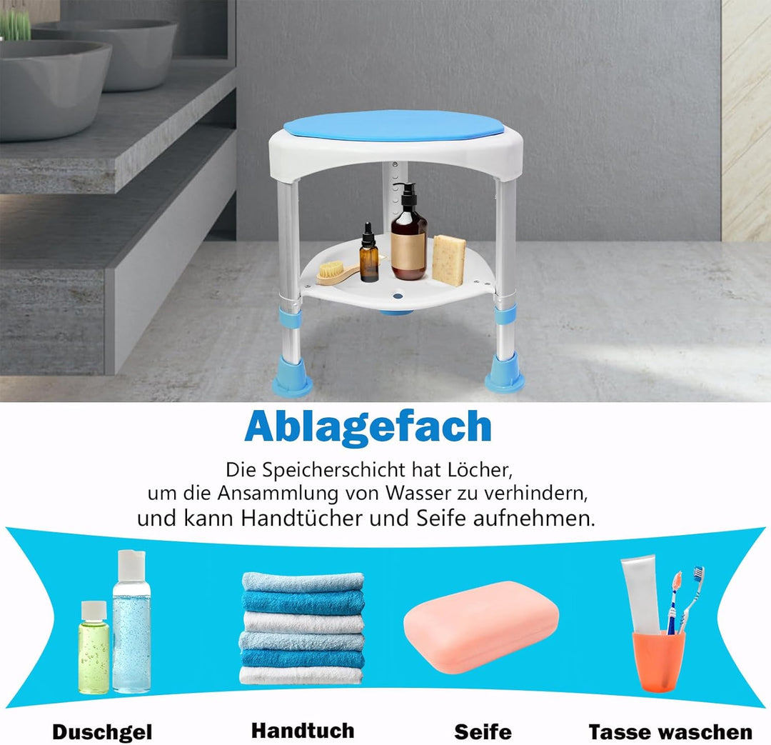 Aufun Duschhocker Duschstuhl 360°Drehbar Badehocker und 45-57cm Höhenverstellbar, Alu und Kunststoff