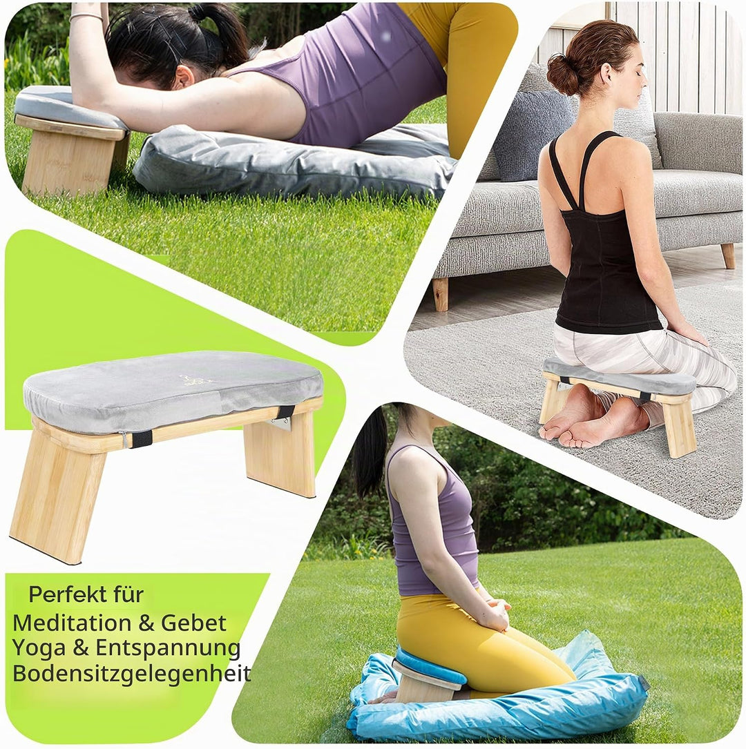 Meditationsbank Klappbar, Ergonomischer Bambus Yoga Hocker, Meditationshocker mit Kissen, Tragbarer