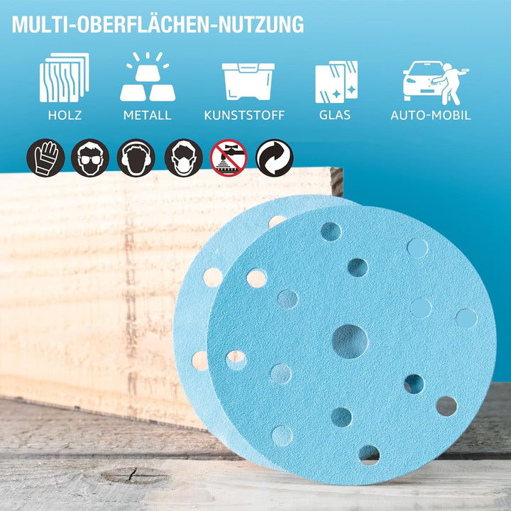 Schleifpapier 150mm Klettverschluss Blau 15 Loch 120 Körnung 50 Stück Keramik geeignet für Metall un