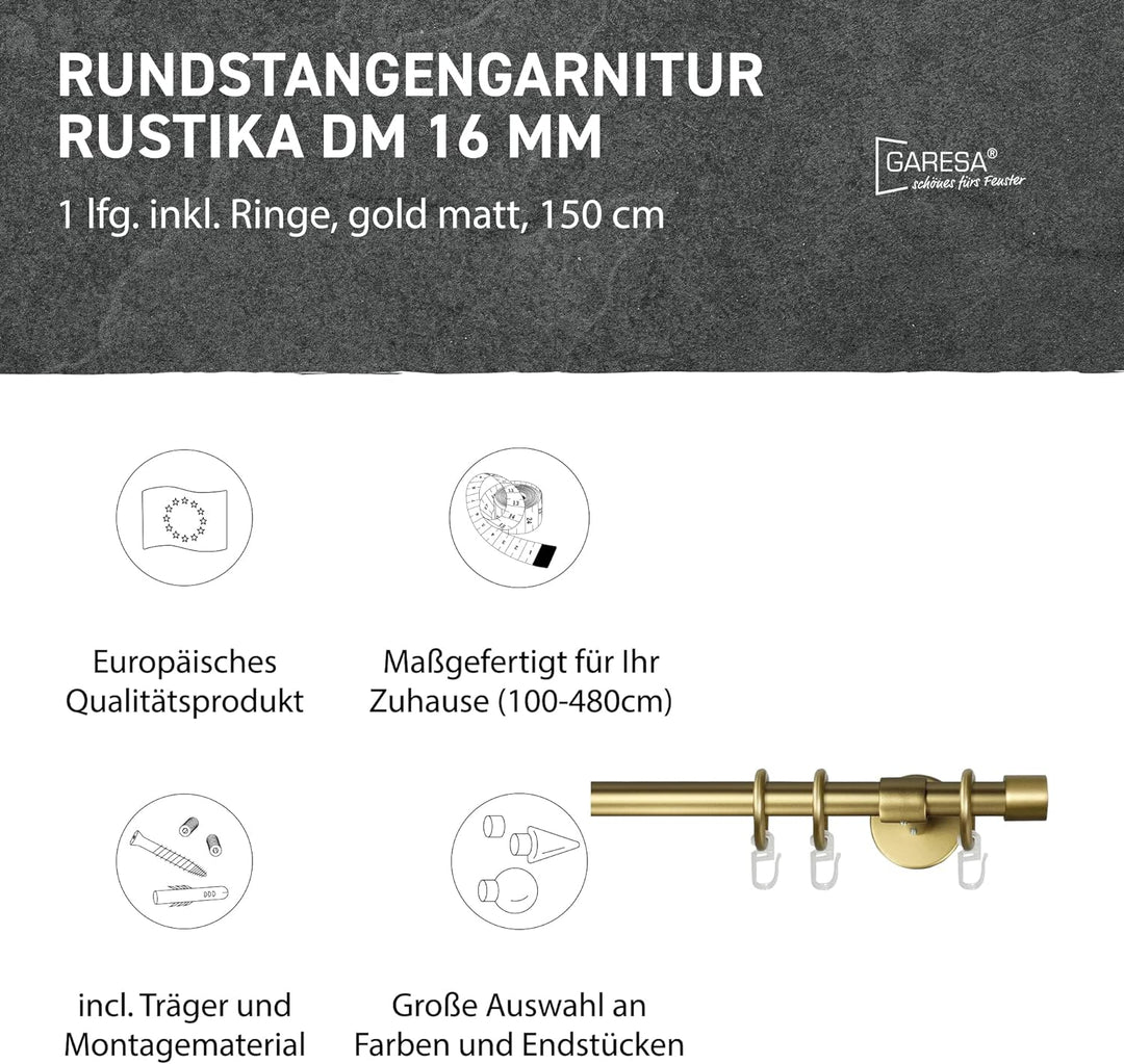 Garesa Gardinenstange Rustika Ø 16mm, 1-läufig, Gold, matt I Rustikale Vorhangstange aus Metall inkl