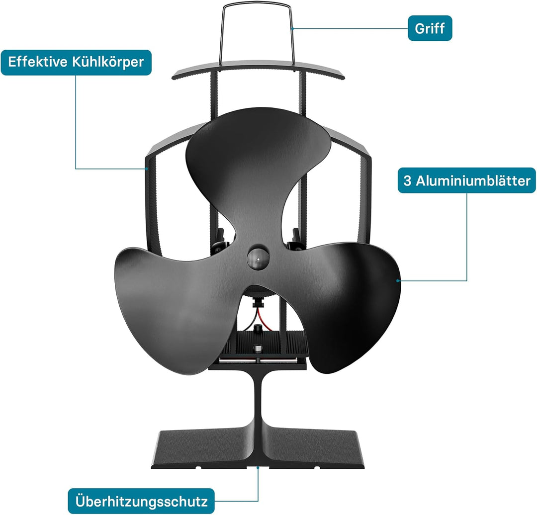 Wiltec Kaminofenventilator mit 3 Blätterm 50 bis 300°C, Ofenventilator ohne Strom, Kaminventilator f