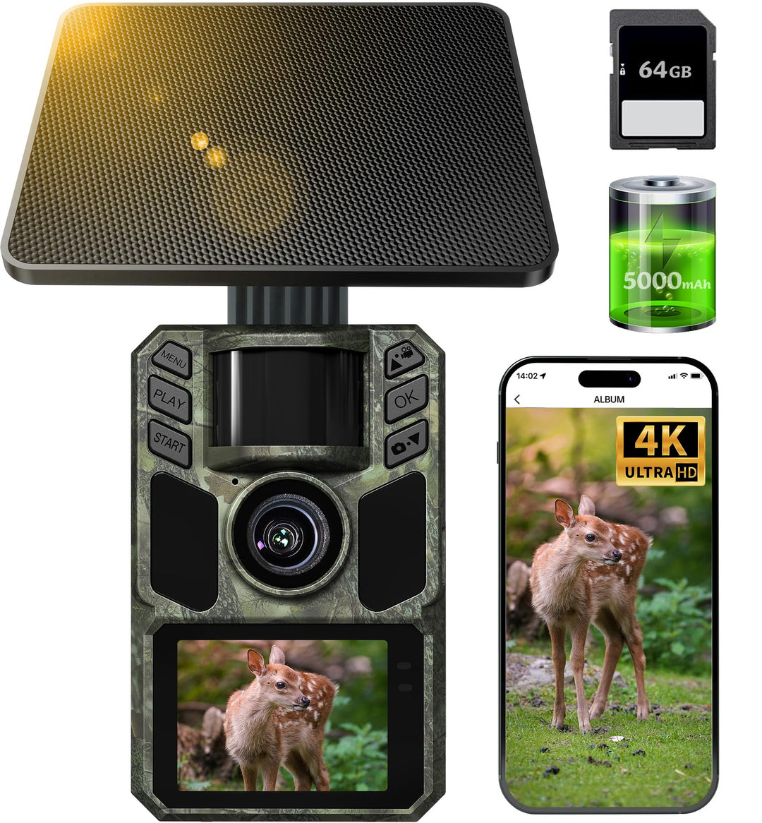 Wildkamera mit Handyübertragung App,Wildtierkamera 4K 64MP WLAN Solar mit Lithium-Batterie, Bewegung