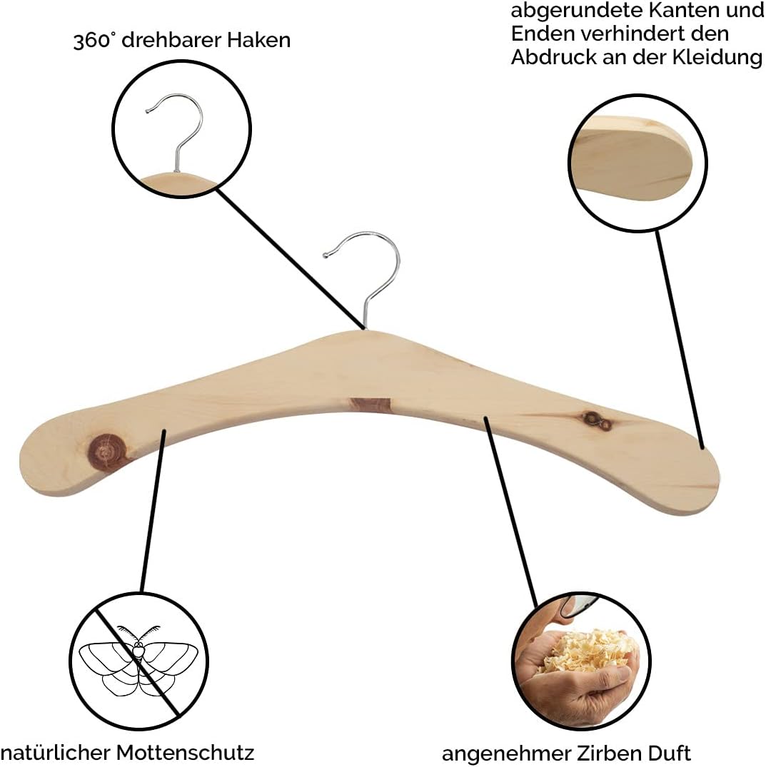 Kleiderbügel - Holzbügel aus massivem Zirbenholz - mit 360° drehbarem Haken - echte Handarbeit - Kle