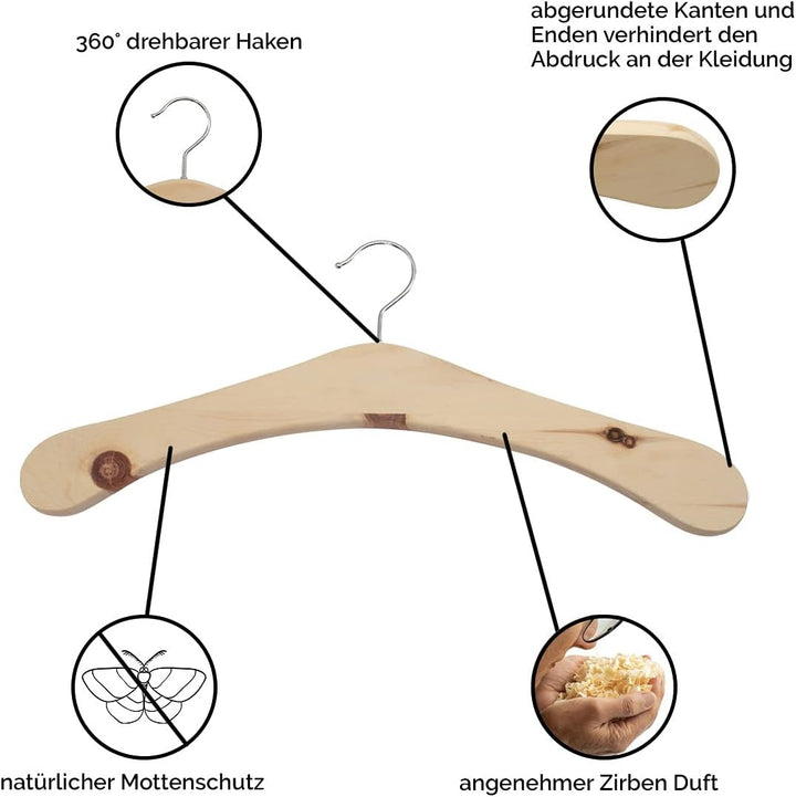 Kleiderbügel - Holzbügel aus massivem Zirbenholz - mit 360° drehbarem Haken - echte Handarbeit - Kle