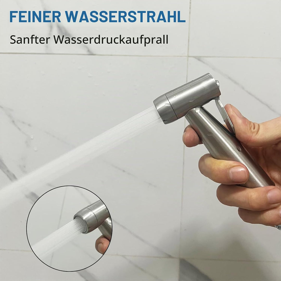 Bidet Edelstahl Handbrause, Badezimmer - Bidetaufsatz mit mit Wasserhahn-Spender, Federschlauchhaken