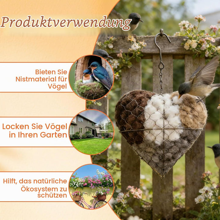 Handgefertigtes Vogelnest Herz, Aufhängen Futterspender Vögel, Vogel Nistmaterial Halter Set mit Met