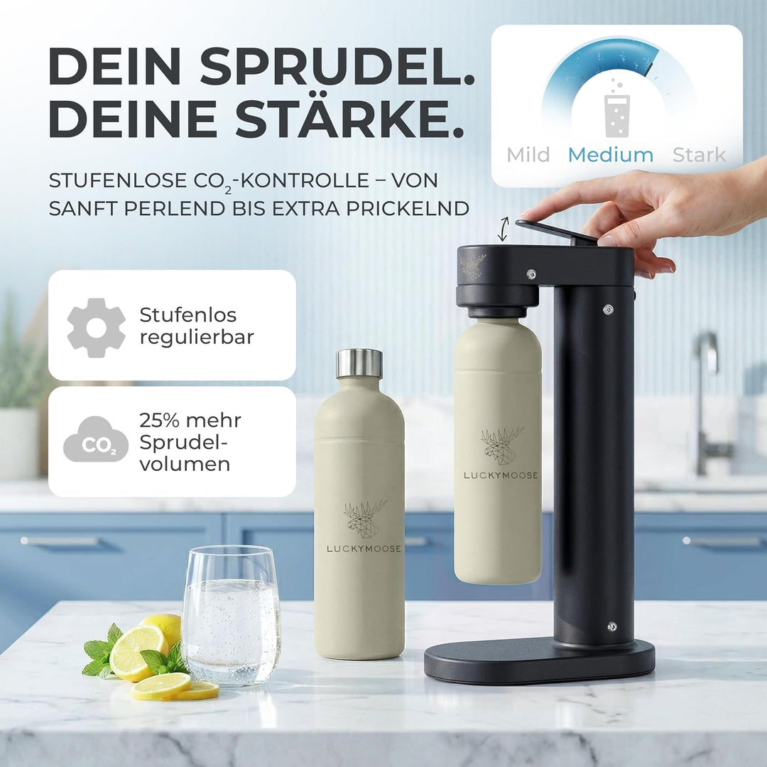 Infinity-S Wassersprudler aus hochwertigem Edelstahl (Black/Sand) – inkl. 2x 1,25L Edelstahlflaschen