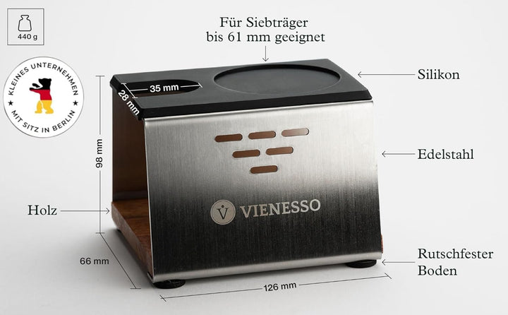 Tamperstation aus Edelstahl &amp; Holz bis 58mm – Rutschfeste Andrückstation für Siebträger | Barista Zu