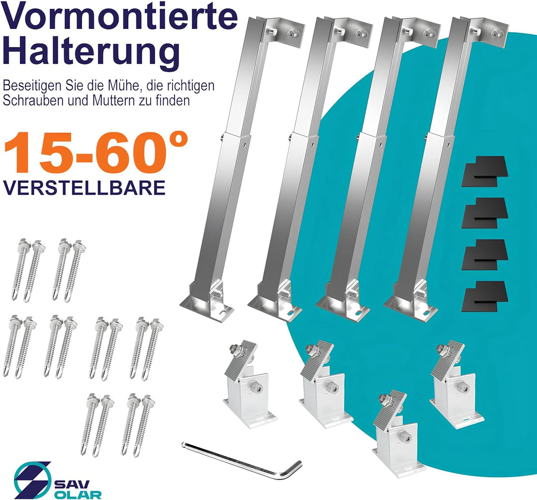 2 Sets SAVOLAR Solarmodul Halterung Balkonkraftwerk Flachdach (15-60°) Winkel Einstellbar, 50-100cm