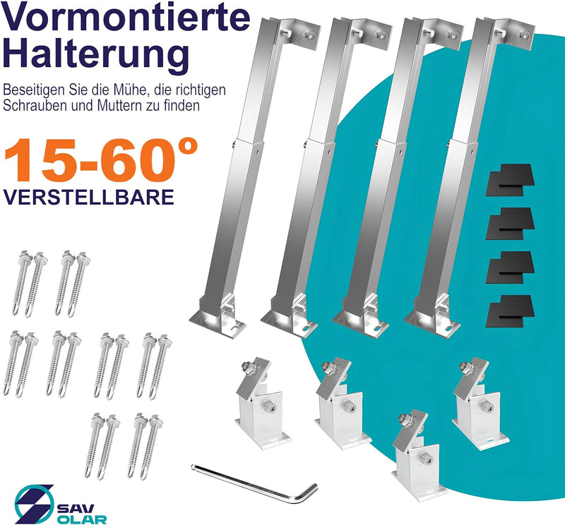2 Sets SAVOLAR Solarmodul Halterung Balkonkraftwerk Flachdach (15-60°) Winkel Einstellbar, 50-100cm
