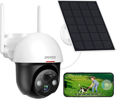 DEKCO Überwachungskamera Aussen Akku, Solar Kamera，Personen-/Autoerkennung, 355°/140° Pan Tilt, WLAN