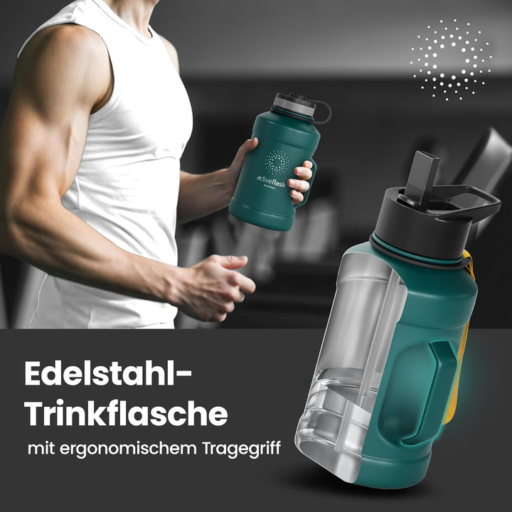 BeMaxx Trinkflasche Edelstahl ACTIVE FLASK + Strohhalm (3 Deckel) | Grosse 1,3 Liter Sportflasche BP