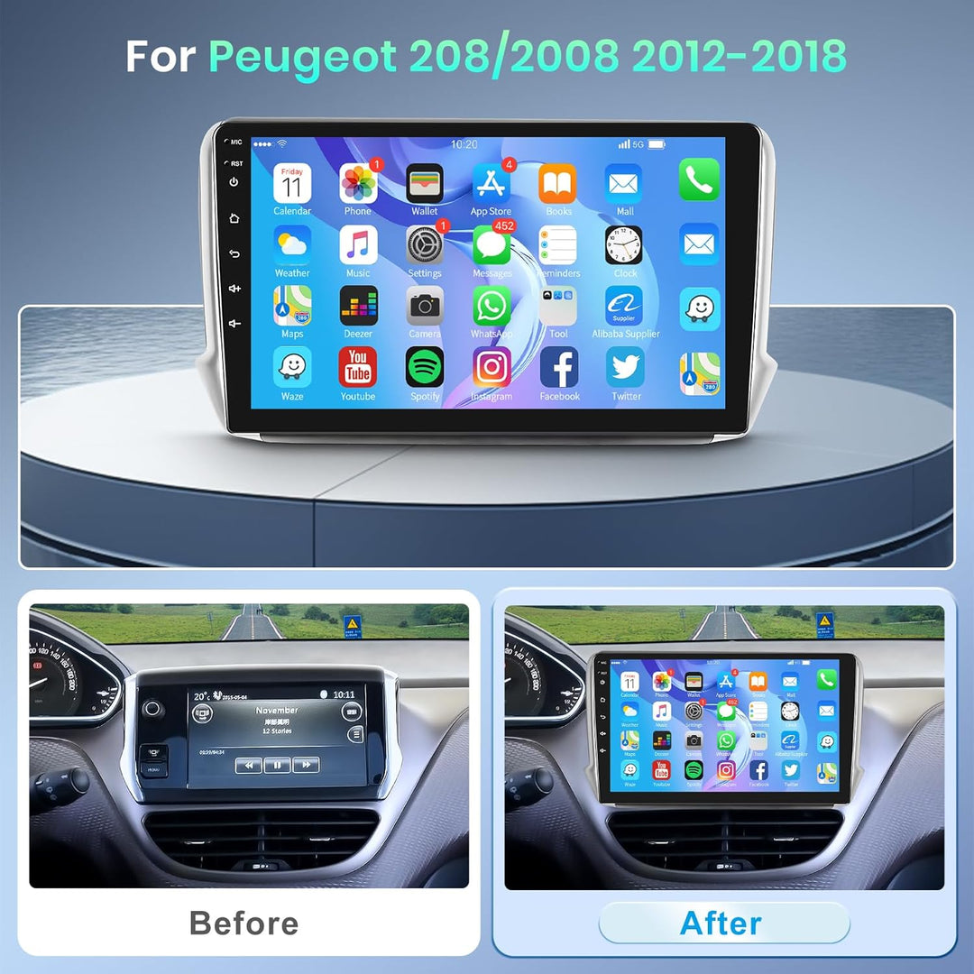 Podofo Autoradio für Peugeot 208/2008 2012-2018, 10.1" Touchscreen Android Radio mit Mirror Link, Bl