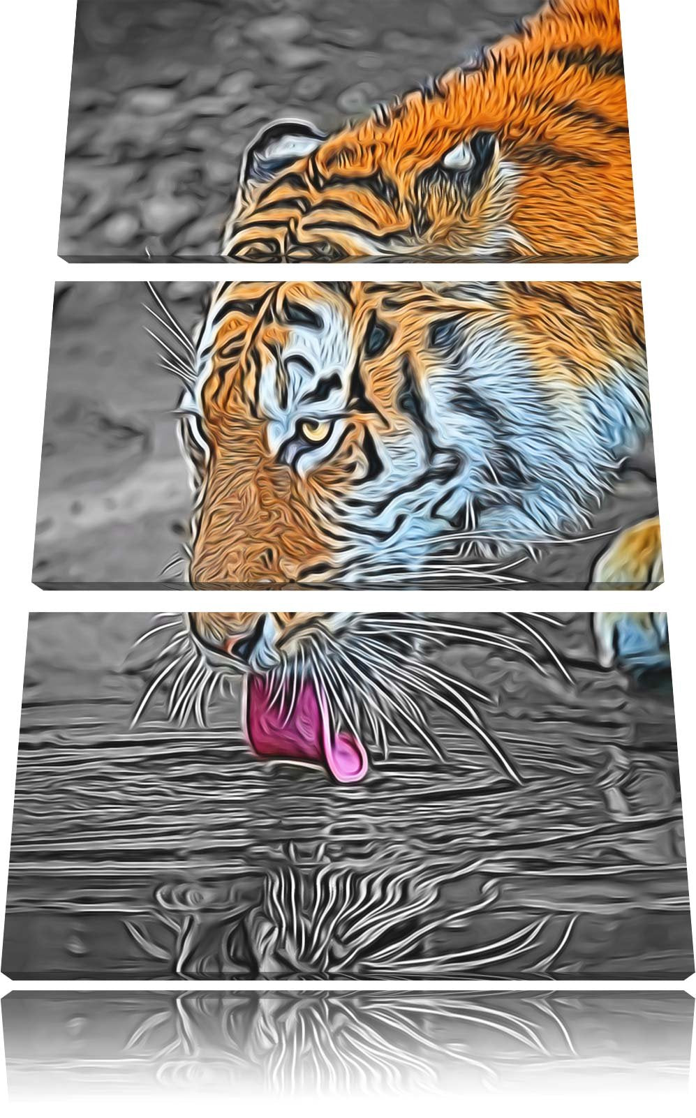 stolzer Tiger am Wasser schwarz/weiss Deluxe 3-Teiler Leinwandbild 120x80 Bild auf Leinwand, XXL rie