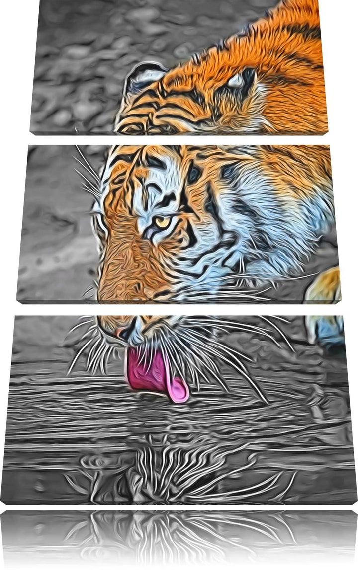 stolzer Tiger am Wasser schwarz/weiss Deluxe 3-Teiler Leinwandbild 120x80 Bild auf Leinwand, XXL rie