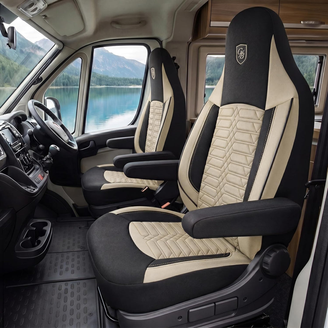 Autositzbezüge Universal für Wohnmobil & Caravan - Vordersitze Auto Sitzbezug Lacoste-Stoff, Beige-S