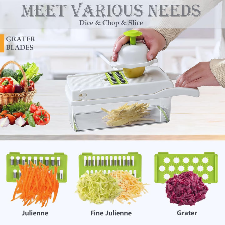 Gemüseschneider Gemüsehobel Reibe Zwiebelschneider Mandoline Dicer Chopper, Weiss 10 Klinge