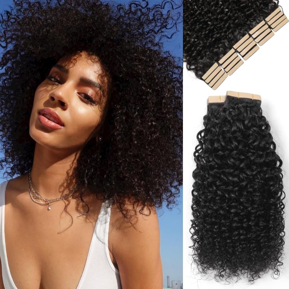 YDDM 12 Zoll Tape Extensions Echthaar 40 Stück 60g Schwarz Kinky Curly Tape In HaarverläNgerung Echt