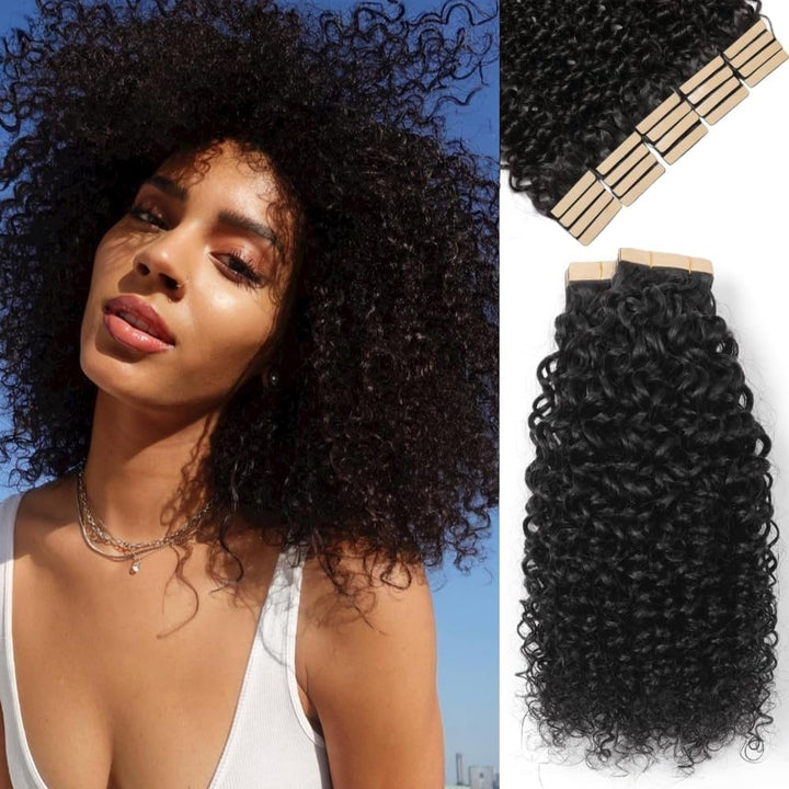 YDDM 12 Zoll Tape Extensions Echthaar 40 Stück 60g Schwarz Kinky Curly Tape In HaarverläNgerung Echt