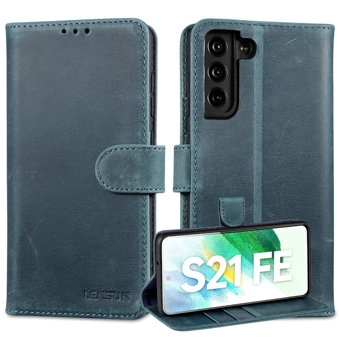 LENSUN Echtleder Hülle für Samsung Galaxy S21 FE 5G, Handyhülle Echt Leder [3 Kartenfächer][RFID Sch