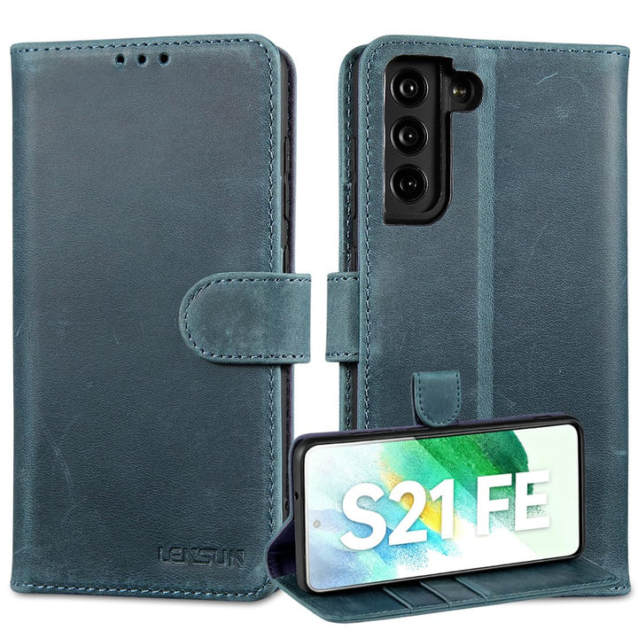 LENSUN Echtleder Hülle für Samsung Galaxy S21 FE 5G, Handyhülle Echt Leder [3 Kartenfächer][RFID Sch