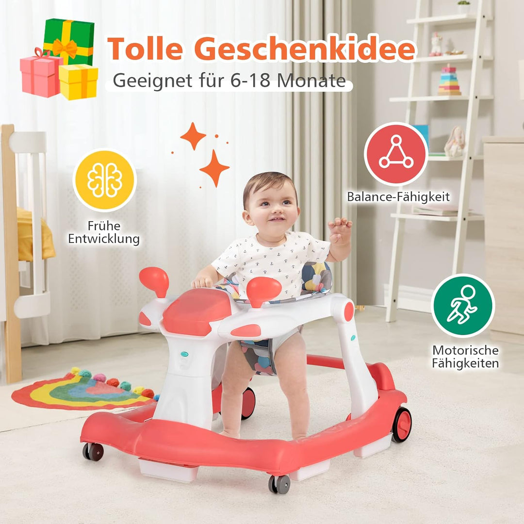 DREAMADE 2 in 1 Lauflernhilfe mit Musik & Licht, Baby Walker Höhenverstellbar & Klappbar, Lauflernwa