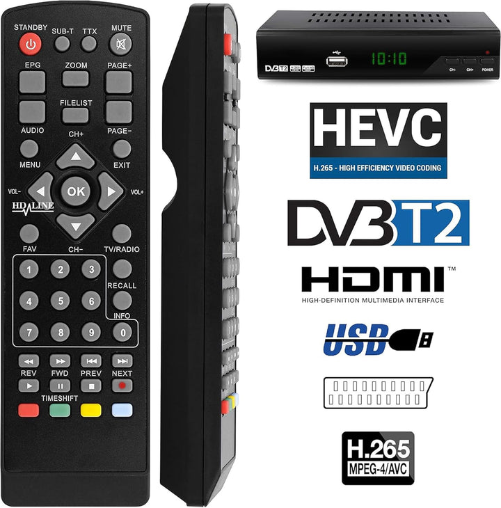 hd-line Tempo 4000 A DVBT2 Receiver Full HD 1080P 4K für TV (HEVC/H.265 HDMI SCART, USB 2.0, DVBT-2,