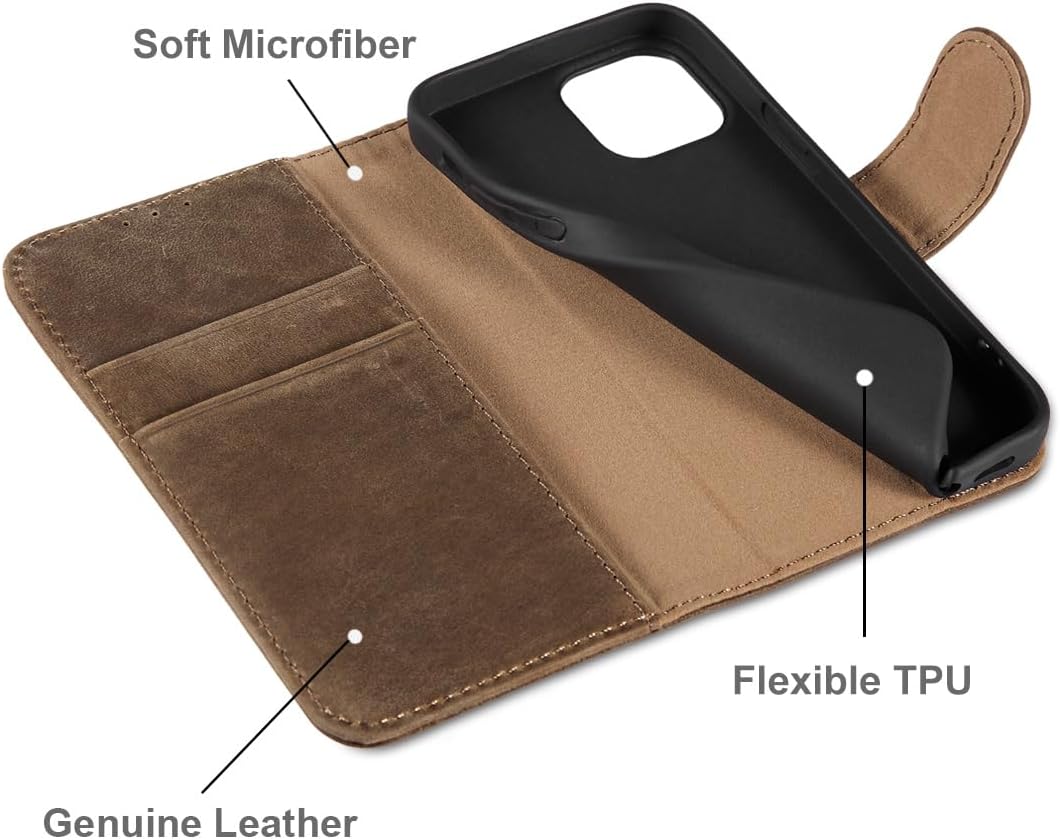 LENSUN Echtleder Hülle für iPhone 13 Mini, Handyhülle [Echtes Leder][Stand-Funktion][RFID Schutz] Ha