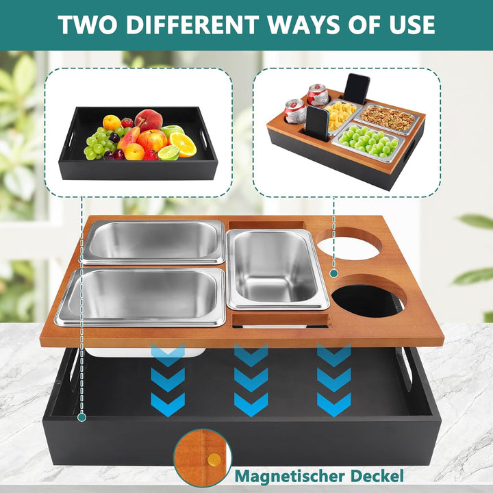 Foydream Couchbar Snackbox, Sofa Tablett Holz mit 3 Snackschalen, 2 Getränkehalter and Handyhalterun