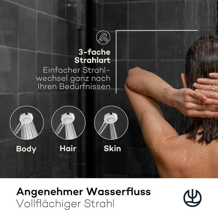 KLUDI-X1 Universal Duschkopf mit Schlauch, Duschbrause optional wassersparend mit 3 Strahlarten (Bod