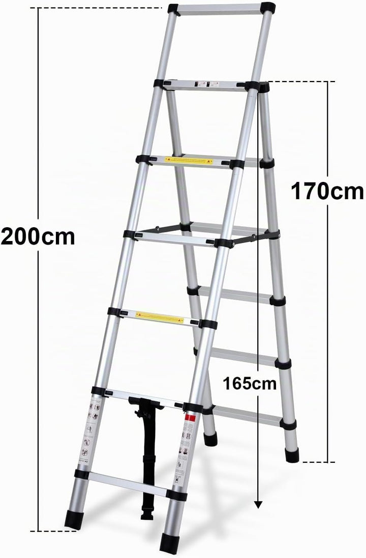 Eulenke Teleskopleiter 1.7m+2.0m Aluminium Trittleiter - 5+6 Stufen Tragbare rutschfeste Klappleiter