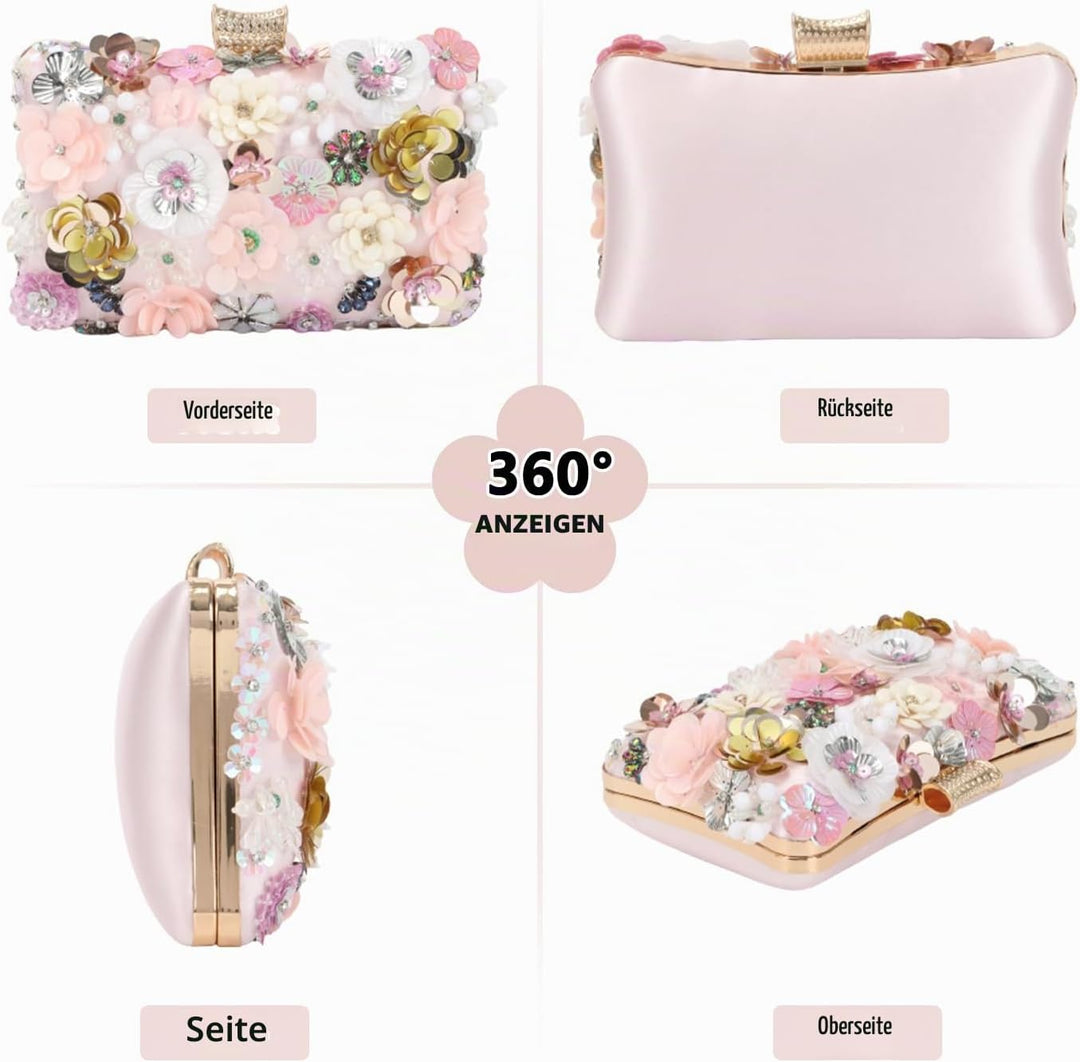 Fecialy Blumen-Clutch-Abendtaschen für Damen mit bunten Blumen-Metall-Strasssteinen Abend-Clutch-Gel