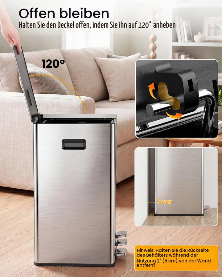YEAUPE PRO Mülleimer Küche 60L (2x20L + 20L) 3 fächer Treteimer Edelstahl | Recycling Abfalleimer fü