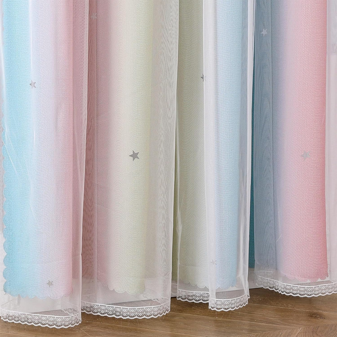 Freyamy Gardinen Rosa Grün Weiss Glänzend Sterne Vorhänge Blickdicht Kinderzimmer Halbtransparent H
